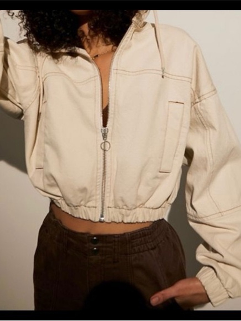 UO BDG Cream Cropped Bomber Jacket with Ring-Zip